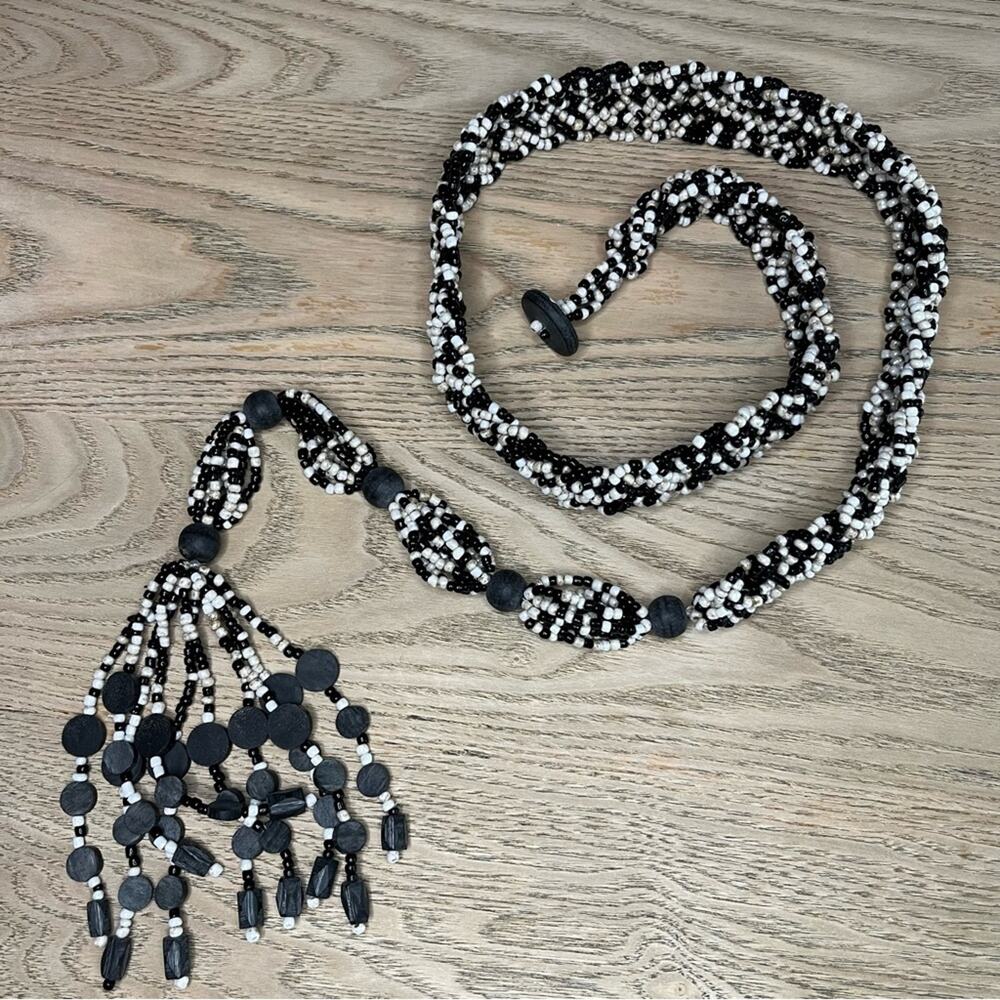 Vintage Seed Beaded Belt Woven Indonesia Boho Handmade Natural Black Pearl